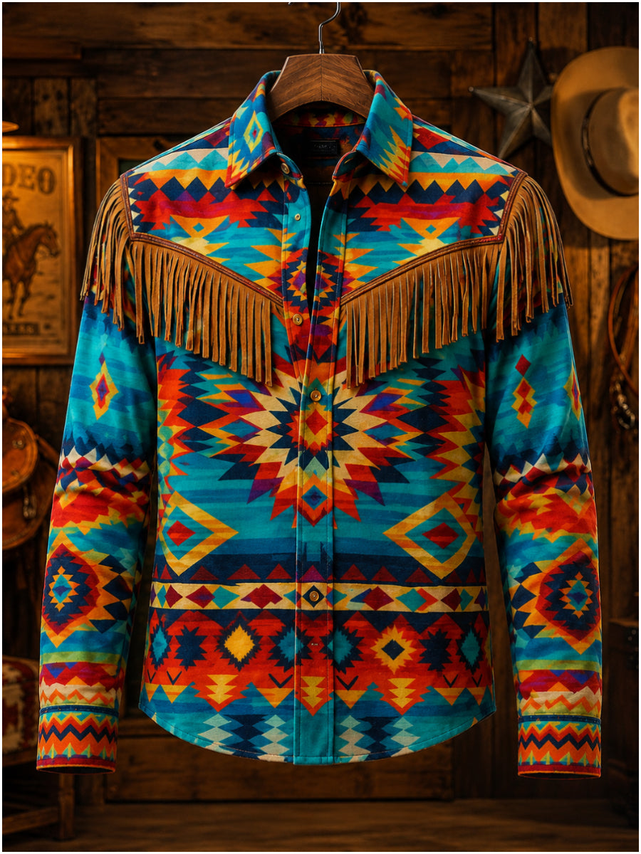 Men's Retro Leisurely Style Art Print Western Vintage Tassel Casual Long Sleeve Shirt